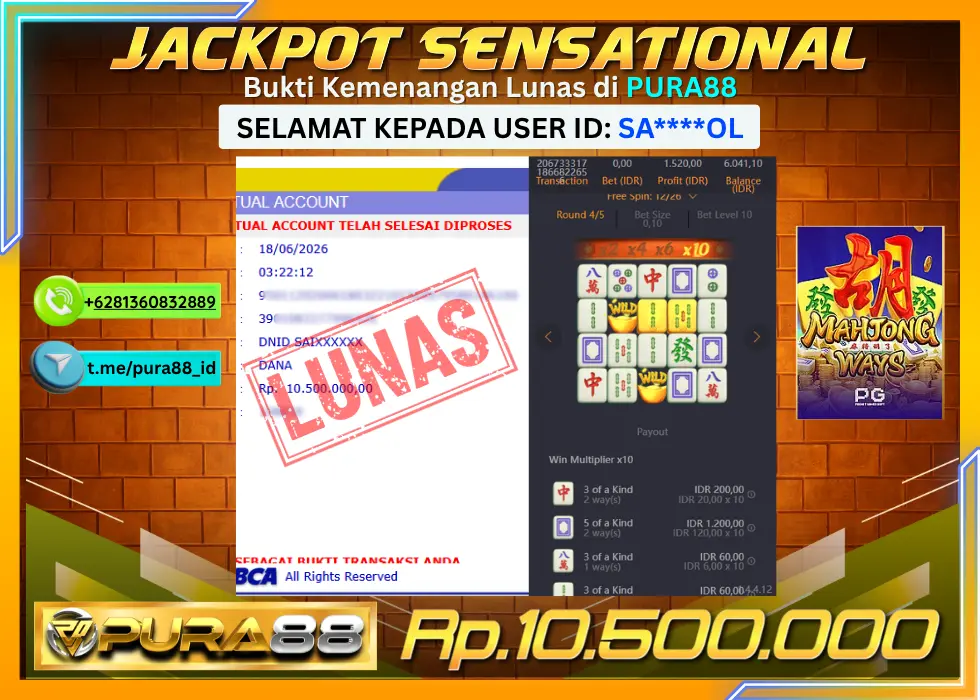 PURA88 JACKPOT MAHJONG WAYS Rp 10.500.000,- LUNAS